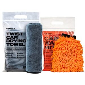 Nasiol-SET 22-Mikrofiber Araç Kurulama Havlusu 60x90cm ve Peluş Araç Yıkama Eldiveni Seti